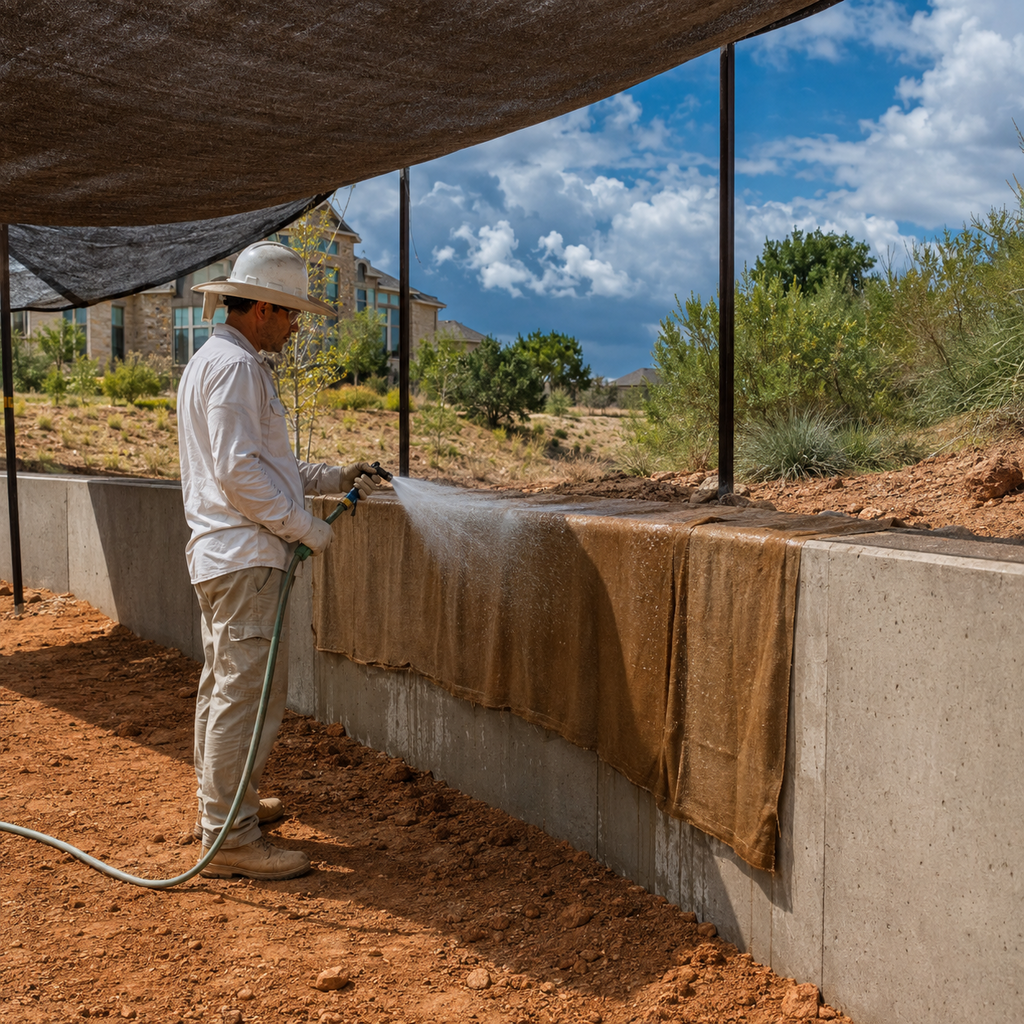 Contractor keeps curing blankets damp on a new Fort Worth concrete retaining wall during summer heat.