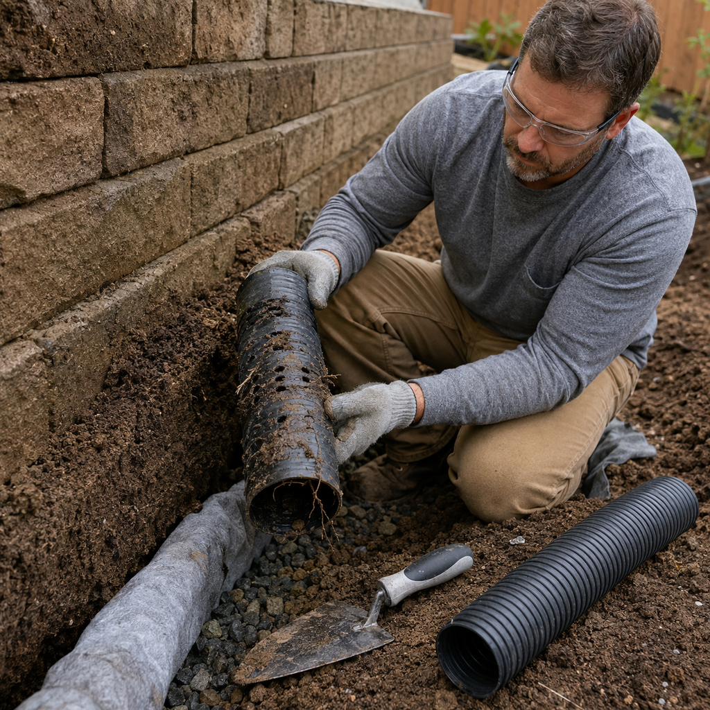 A Fort Worth contractor inspects a retaining-wall drainpipe clogged with clay.