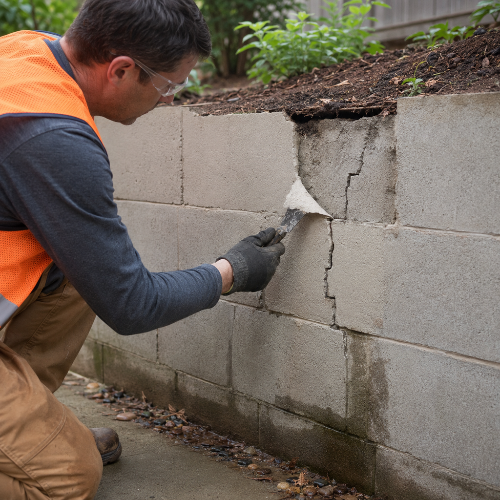 Contractor removes a cosmetic mortar patch to reveal a continuing crack and moisture staining.