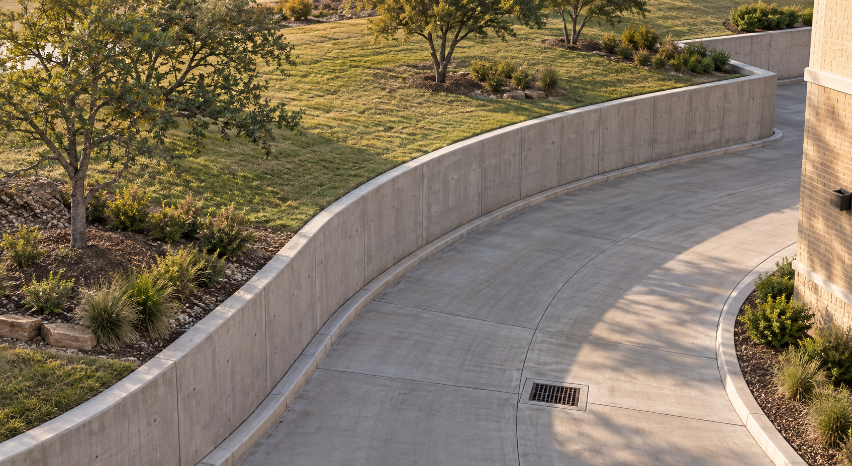 Curved concrete retaining wall bordering a commercial access drive with a surface drain.