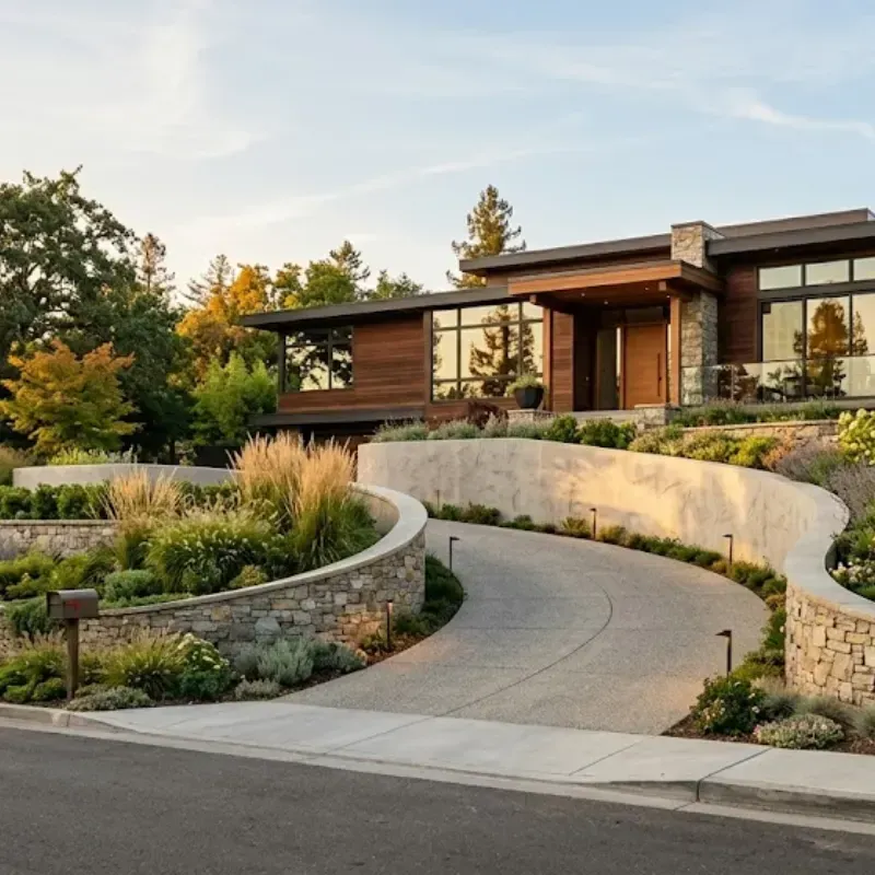 Curved retaining wall design enhancing curb appeal in Dallas TX residential landscape