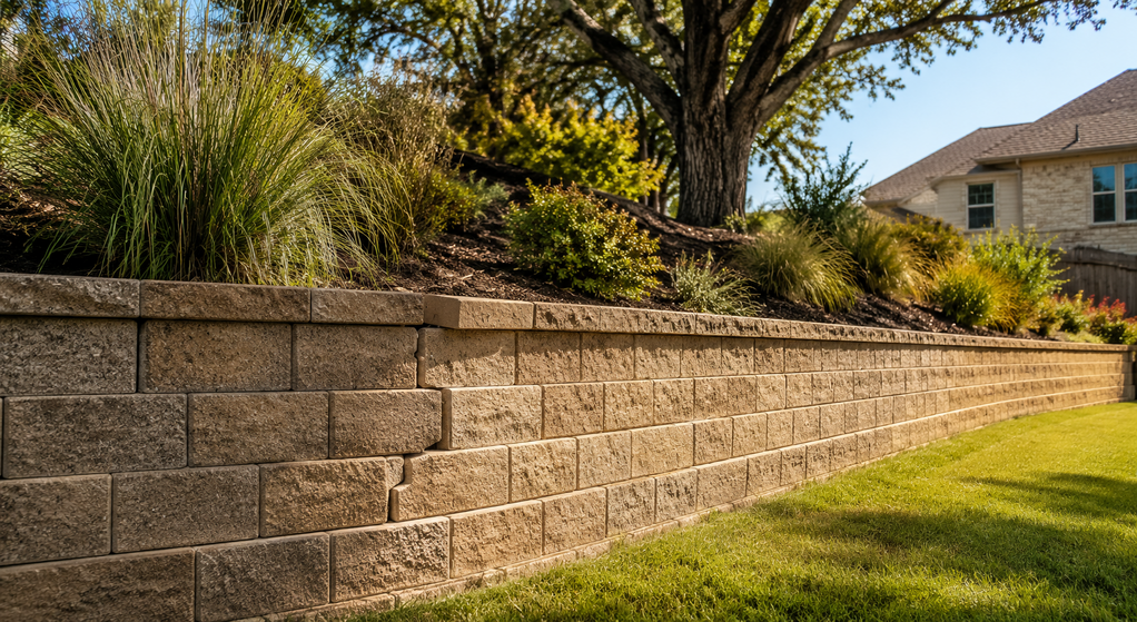 Damaged block retaining wall with a shifted cap and localized crack in a Fort Worth backyard.