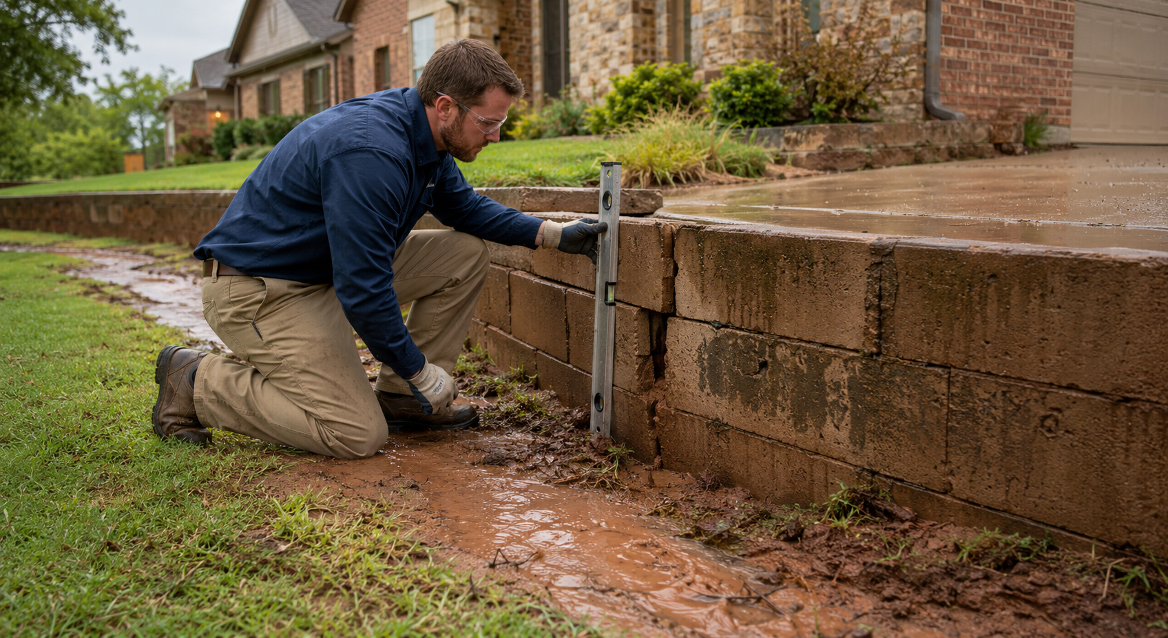 Professional checking a retaining wall and saturated clay soil after rain in Fort Worth.