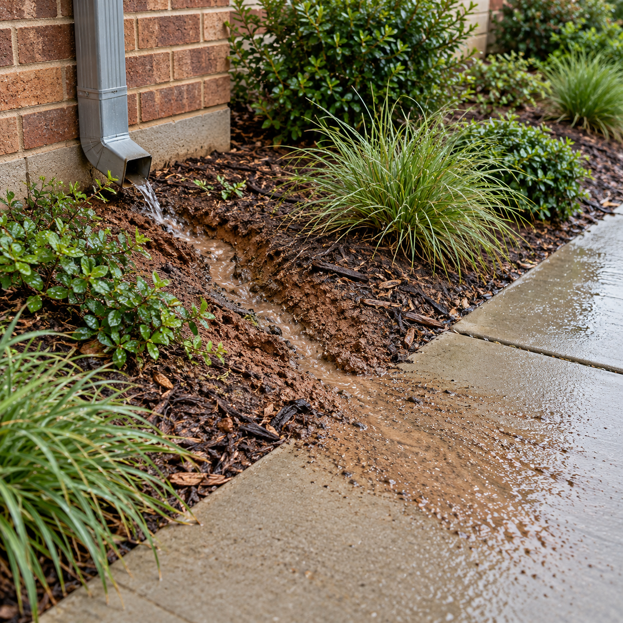 Downspout runoff washes soil through a planting bed and deposits muddy sediment on a concrete walkway.