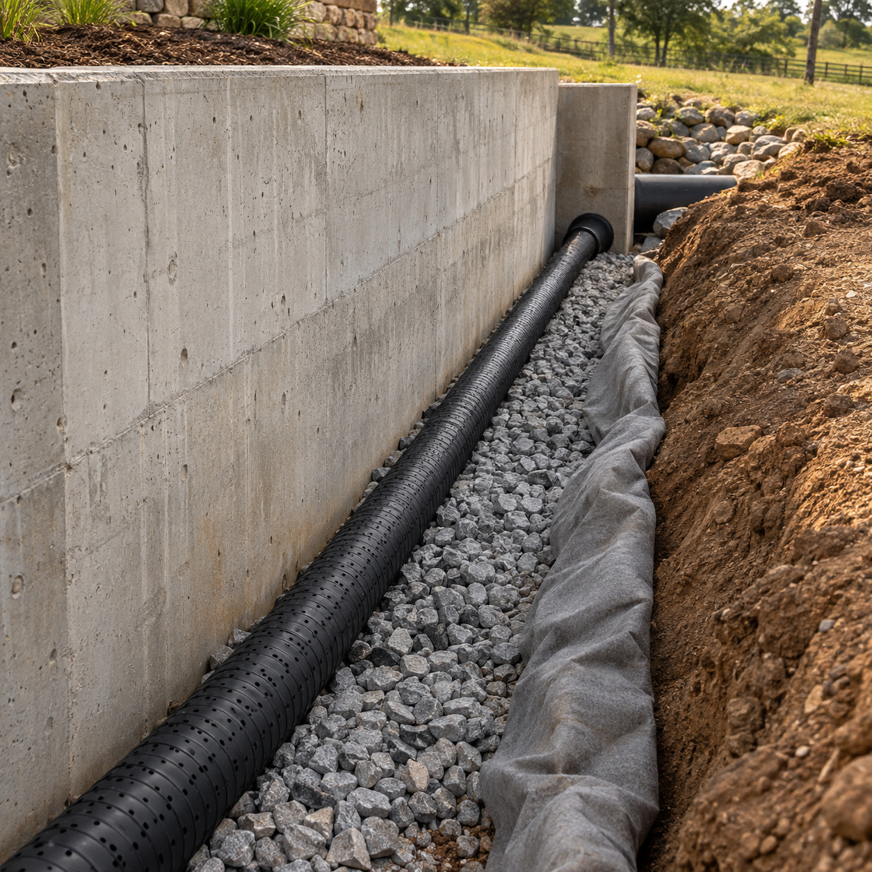 Perforated drainage pipe resting on gravel beside a concrete retaining wall, with filter fabric separating the soil.