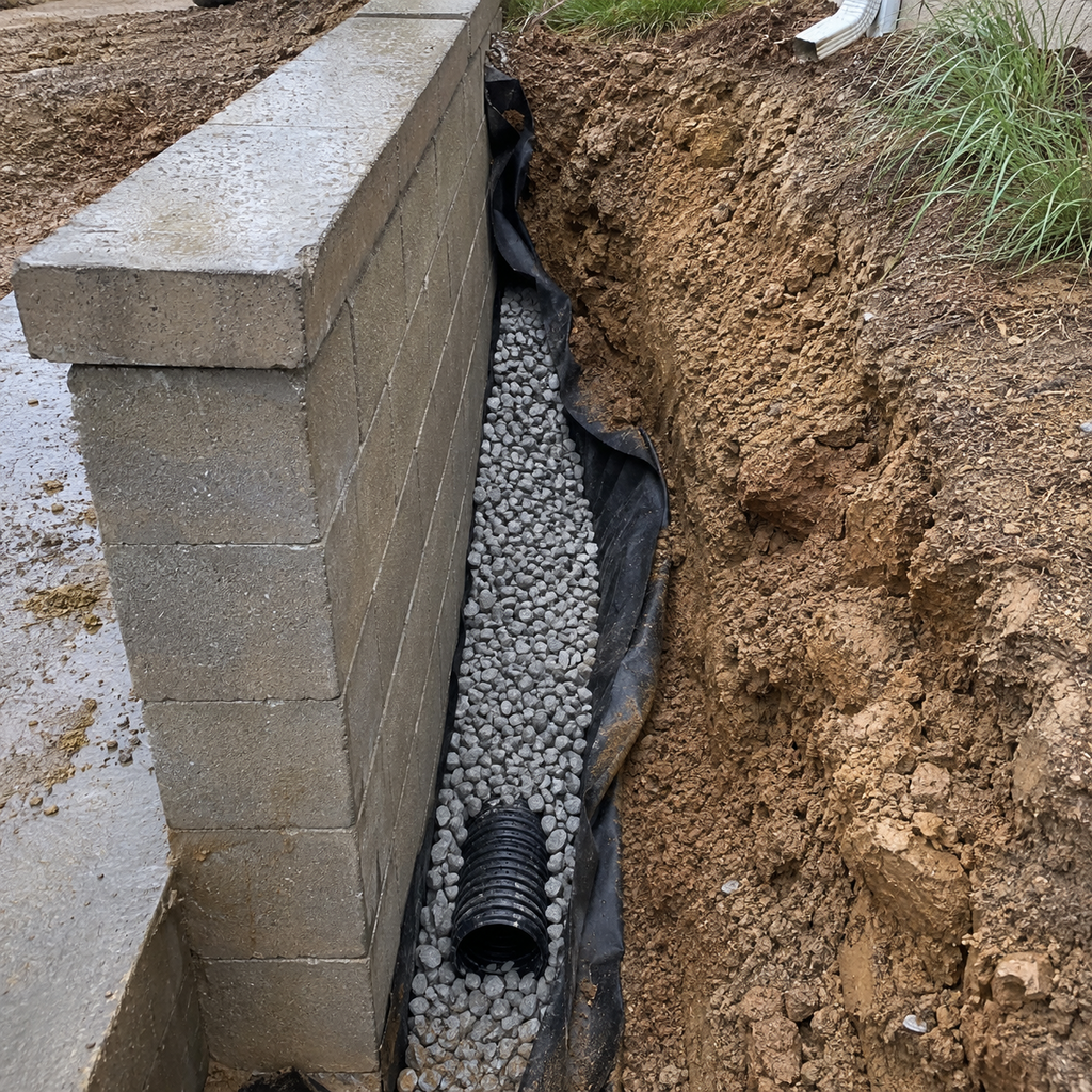 Drainpipe, gravel, and filter fabric exposed behind a retaining wall in clay-rich Fort Worth soil.