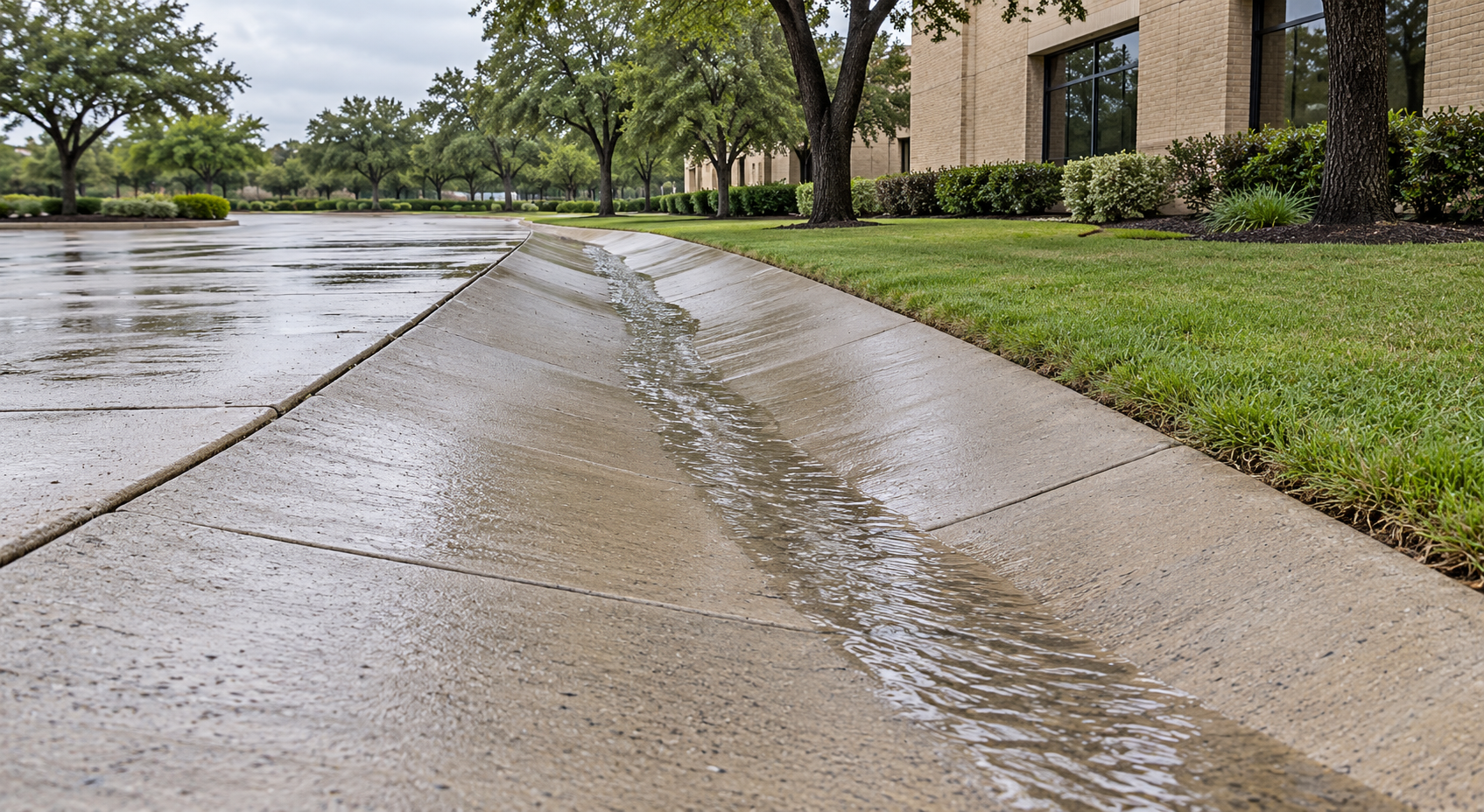 Rainwater flows through a shallow concrete swale beside a commercial driveway and brick building.