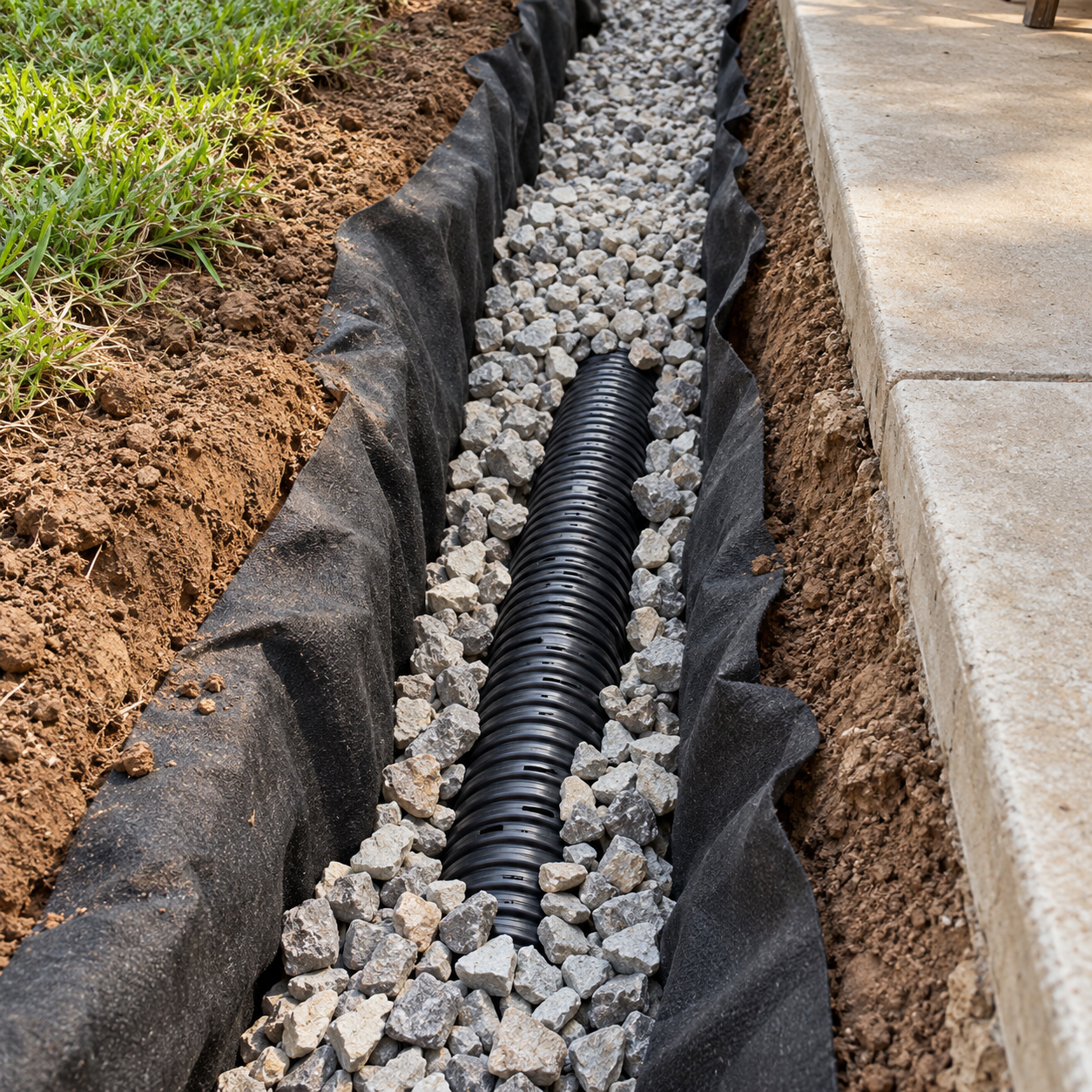 Perforated French drain pipe rests in drainage stone within a fabric-lined trench beside a concrete patio.