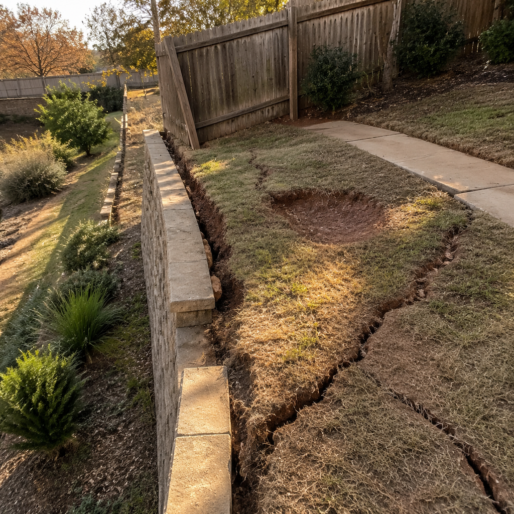 Cracked soil and a leaning fence show ground movement above a Fort Worth retaining wall.