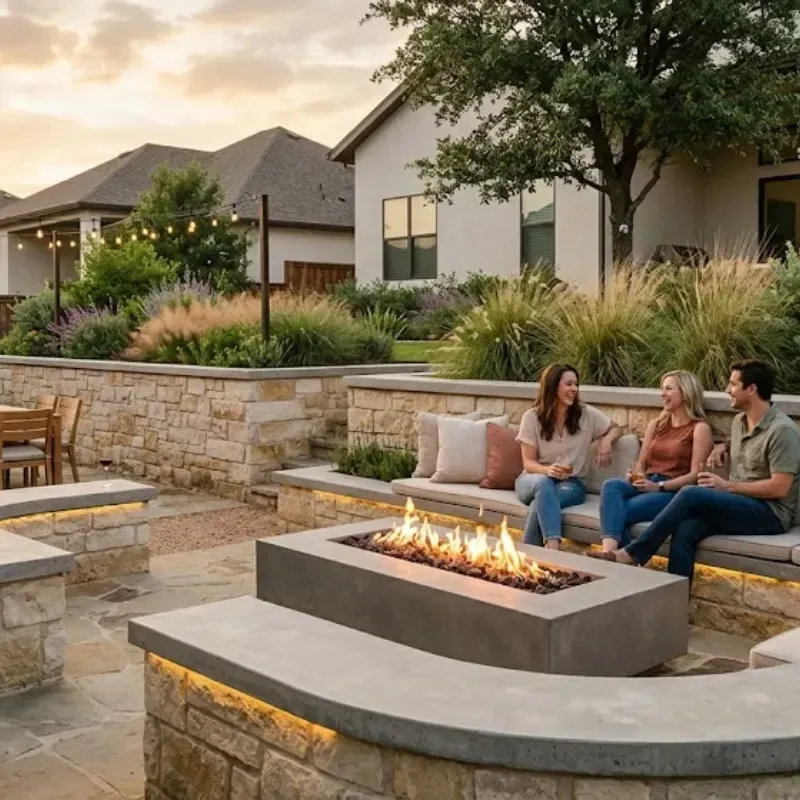 Modern Fort Worth landscaping with retaining walls designed as built-in seating around a patio and fire pit area
