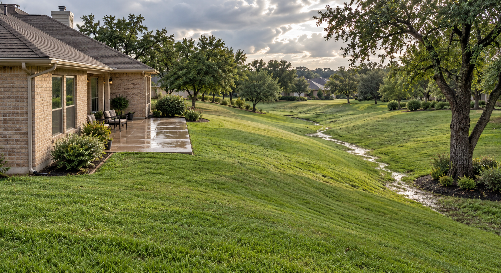 A sloping lawn directs runoff toward a grassy swale beside a brick home and concrete patio.