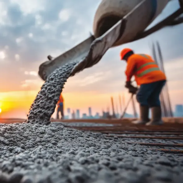 Concrete is being poured in Fort Worth, TX at sunset on a construction site, with a worker in an orange vest nearby