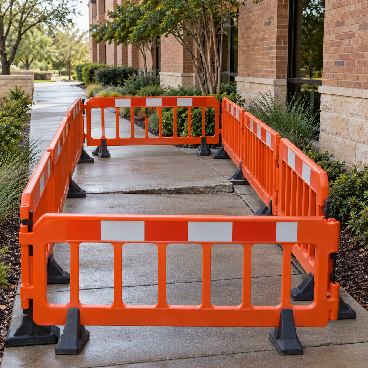 Orange safety barriers restrict access around a raised concrete walkway slab beside a brick building.