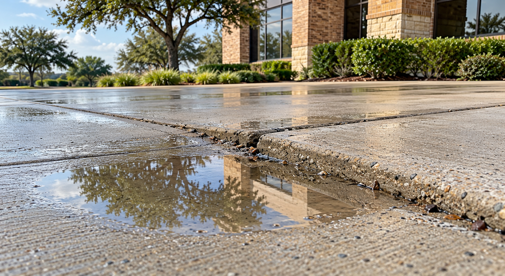 Rainwater pools beside an uneven concrete joint outside a brick commercial building.