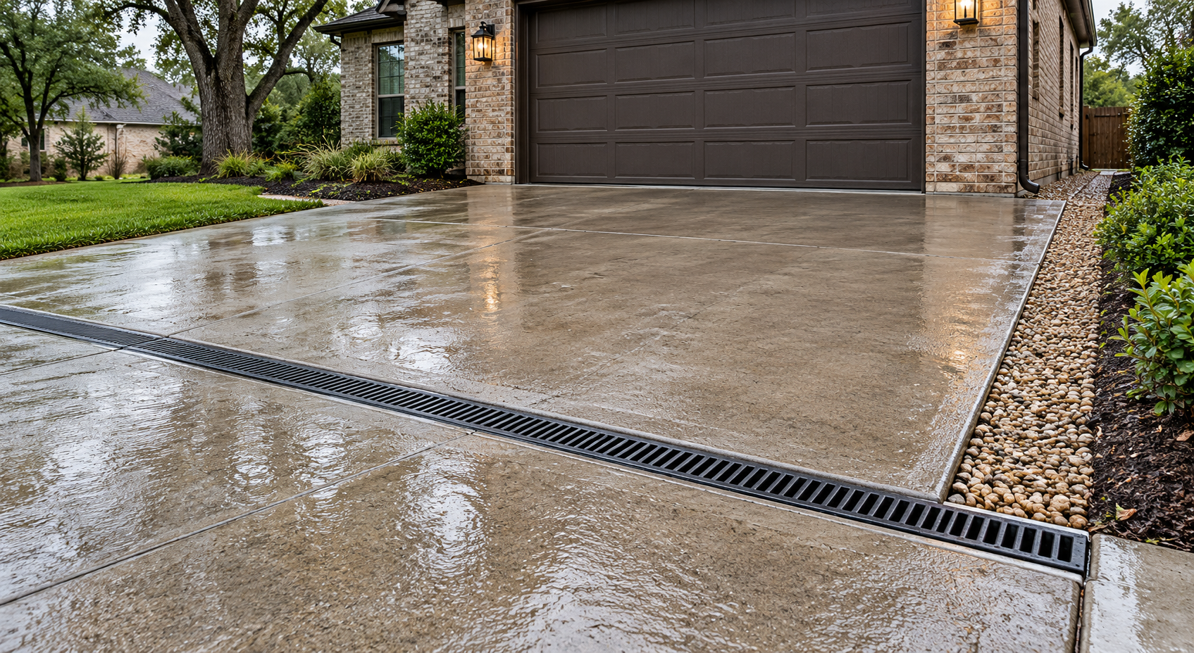 A grated channel drain crosses a wet concrete driveway beside a gravel drainage strip.