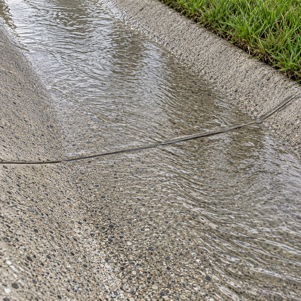 Shallow runoff ripples over a concrete swale lining and a flush joint beside grass.