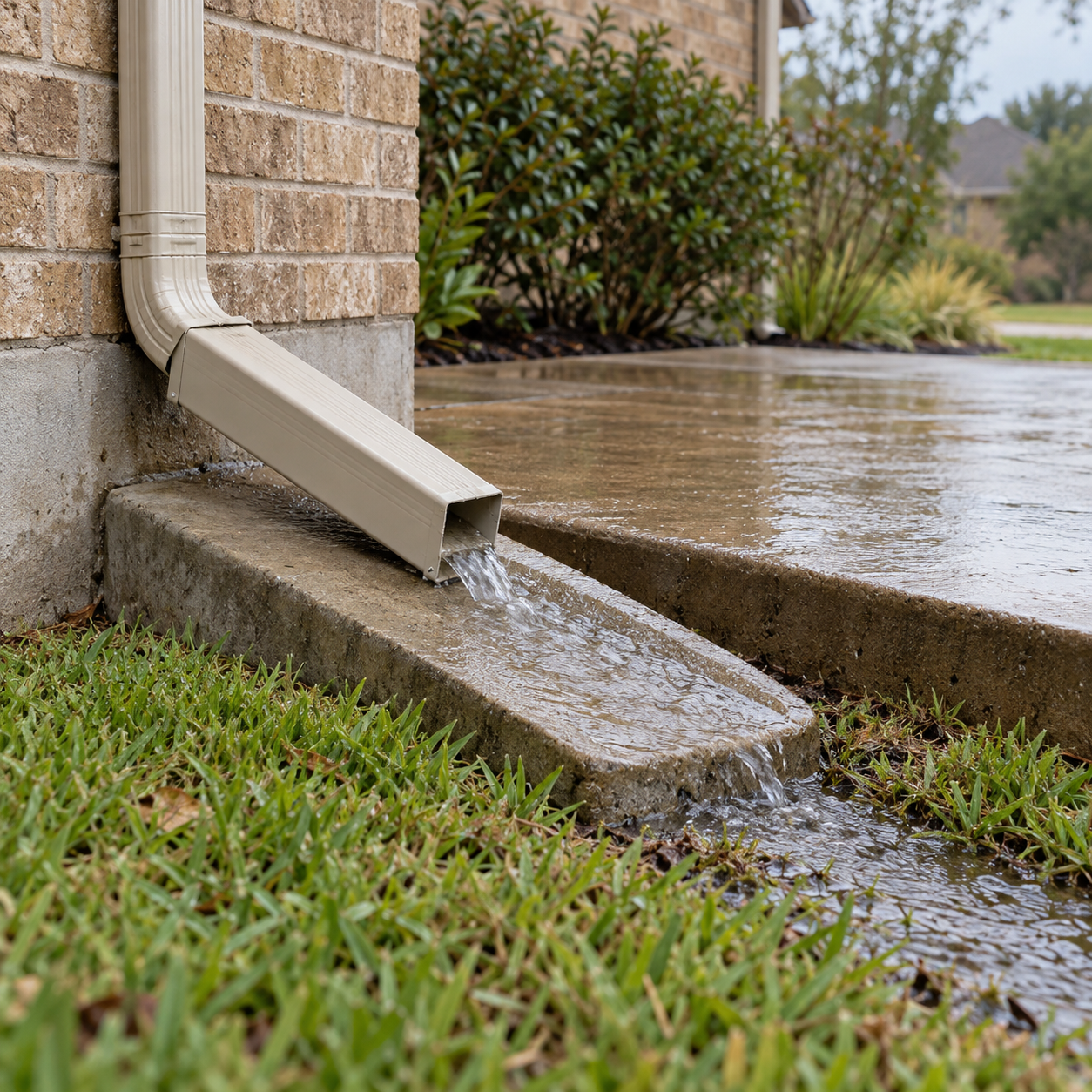 A downspout releases rainwater onto a sloping splash block that directs flow into the lawn beside a patio.