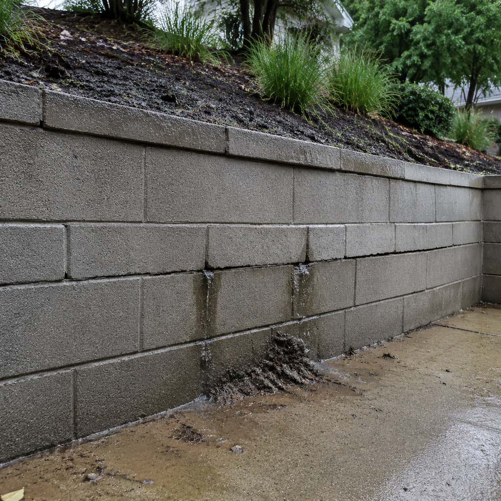 A bowed Fort Worth retaining wall shows cracking and water seepage after rain.