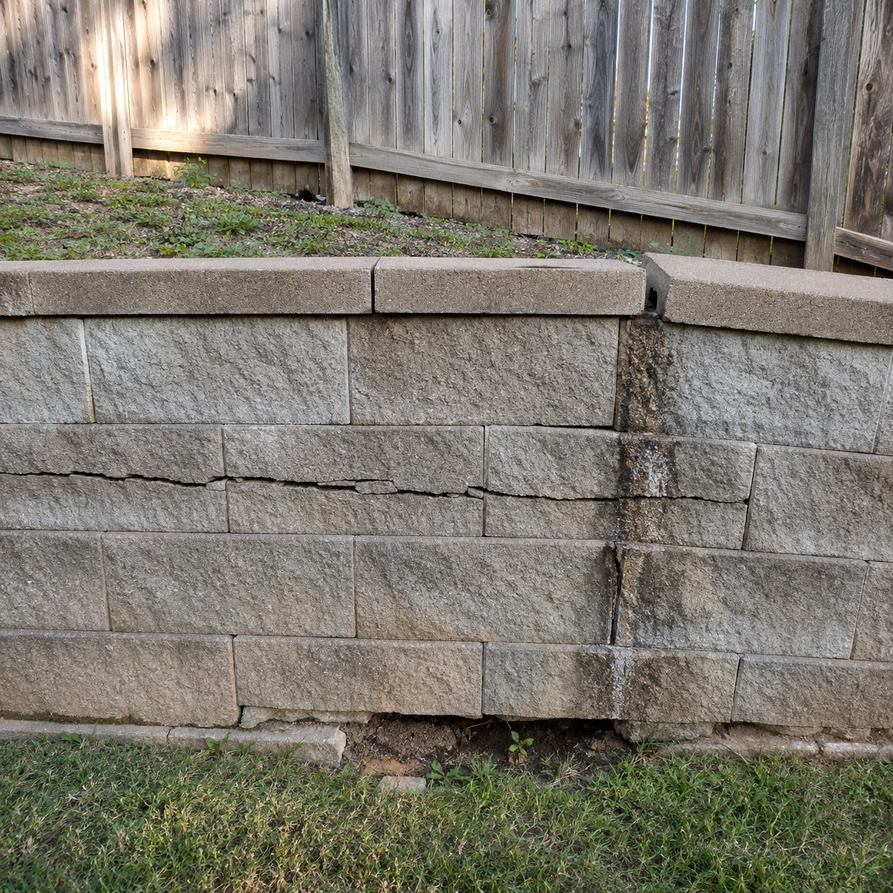 Cracked block retaining wall with displaced caps, seepage stains, and soil washout