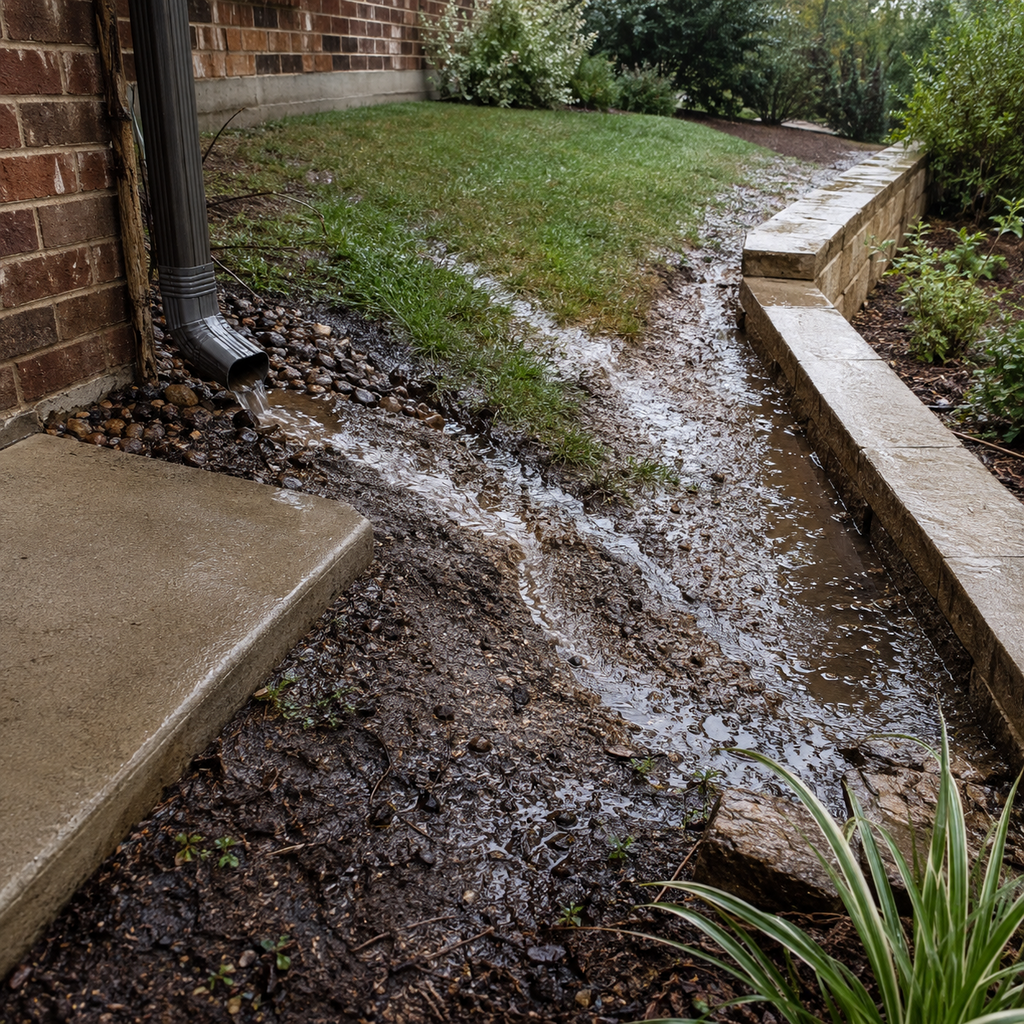 Runoff from a downspout and patio flows toward a Fort Worth retaining wall.