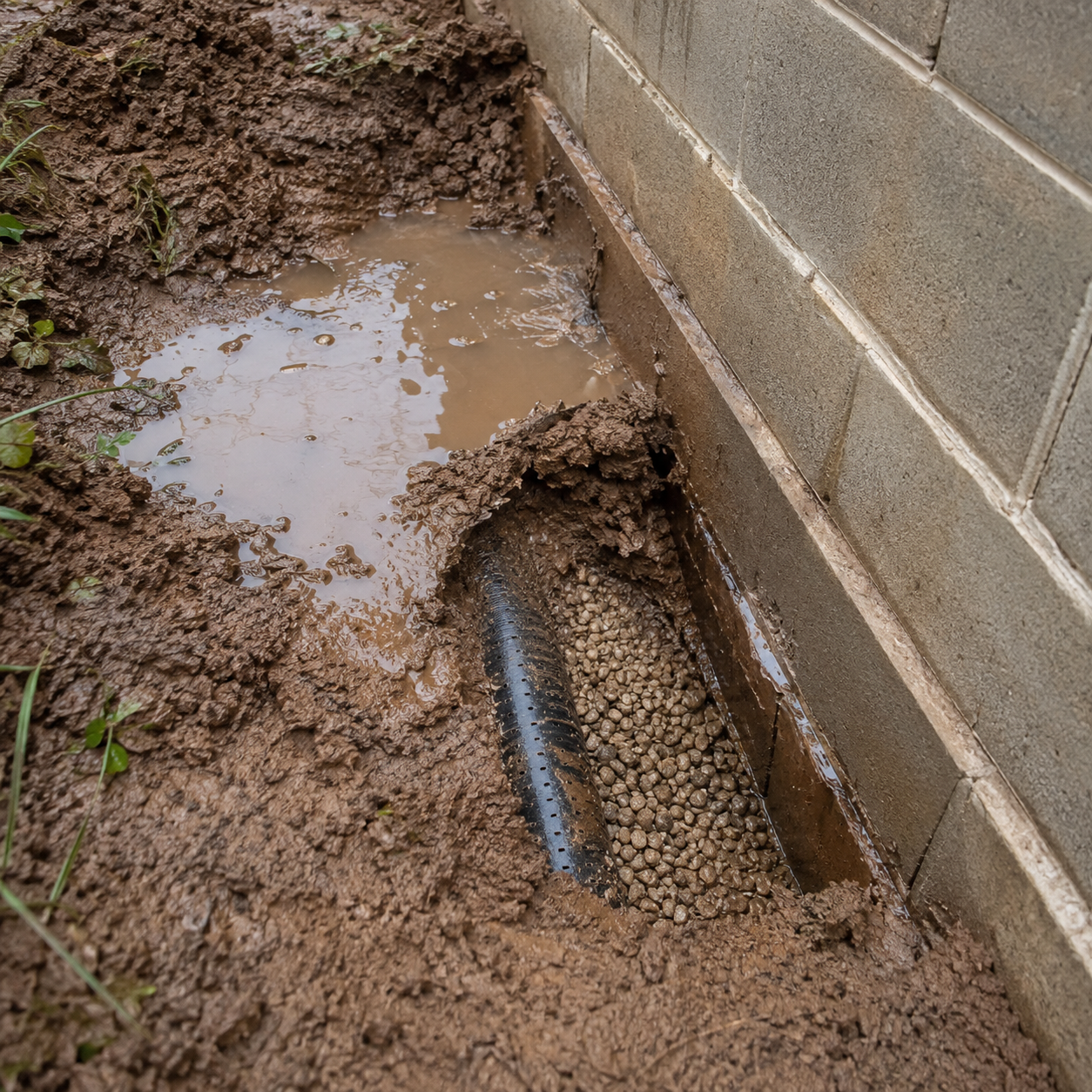 Saturated Fort Worth clay and pooled water surrounding a retaining-wall drainpipe