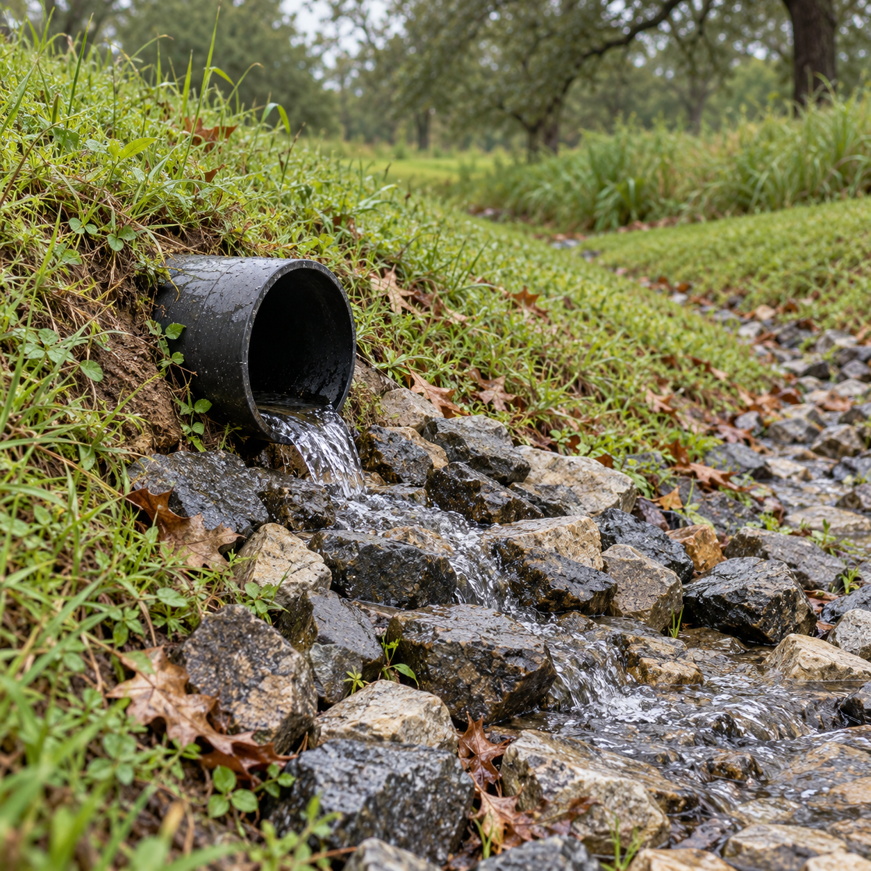 Water flows from a clear drainage pipe outlet onto a stone apron in a grassy swale.