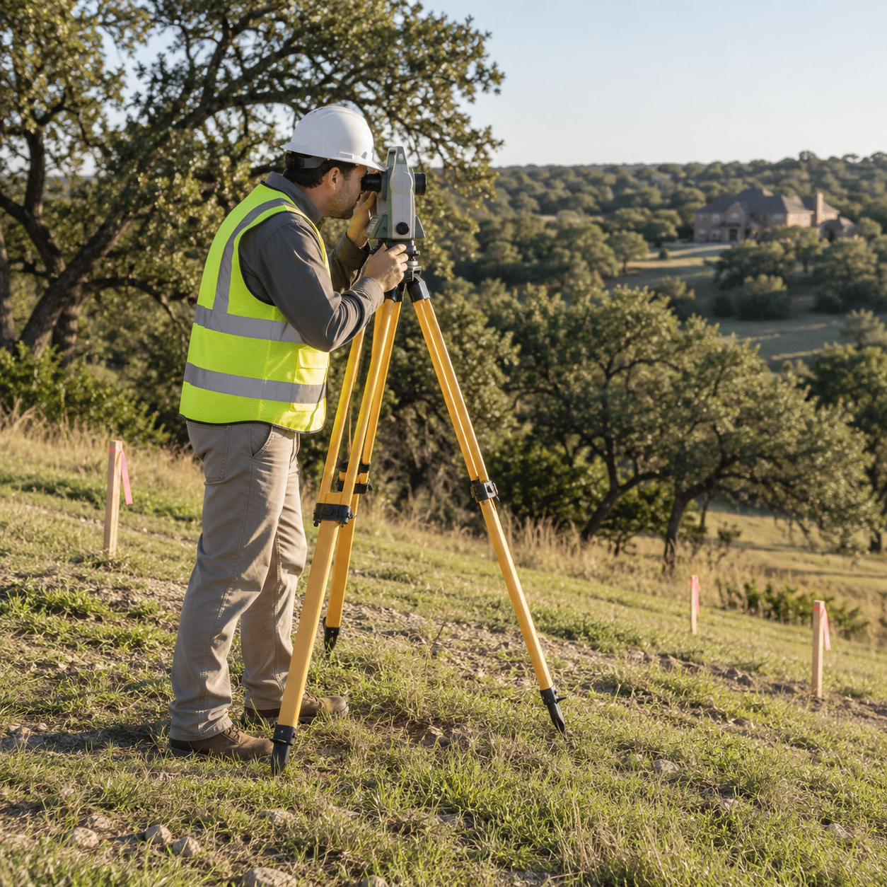 Surveyor using a tripod-mounted instrument to assess a grassy slope marked with wooden stakes.