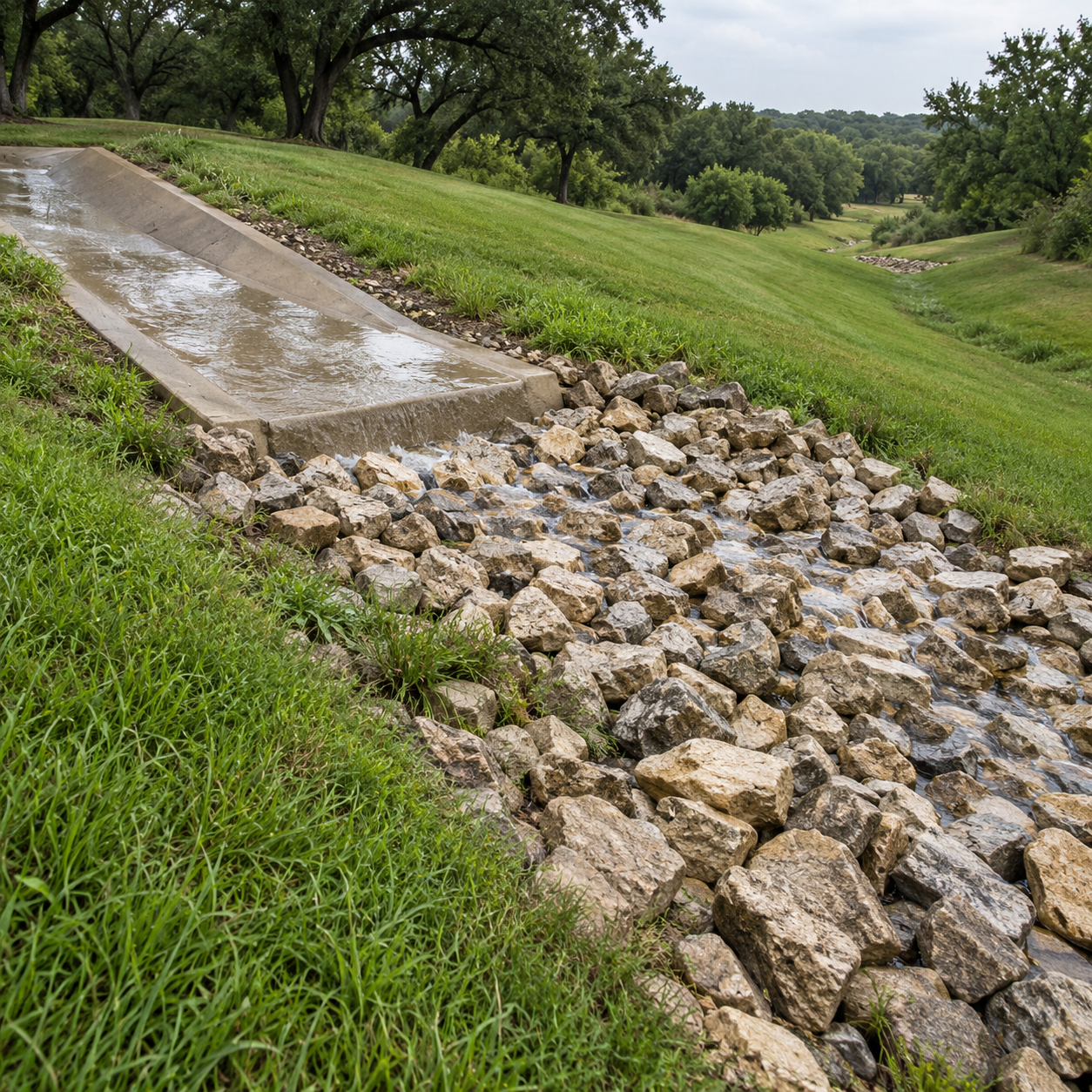 A concrete swale releases runoff onto a broad stone apron within a grassy drainage corridor.