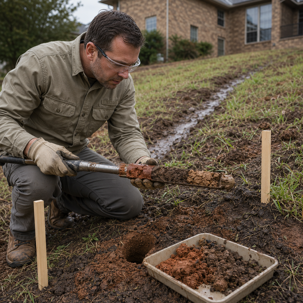 Technician examines layered clay from a soil auger on a sloped Fort Worth property.