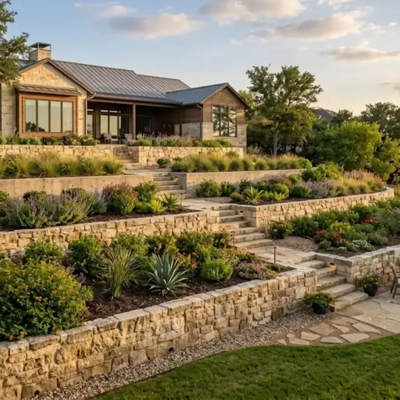 Tiered retaining walls for sloped properties in Fort Worth Texas designed to improve drainage, reduce soil pressure, and create usable landscaped outdoor space