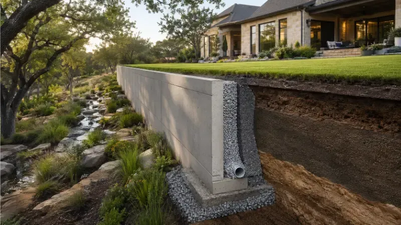 Cross section of concrete retaining wall showing drainage.