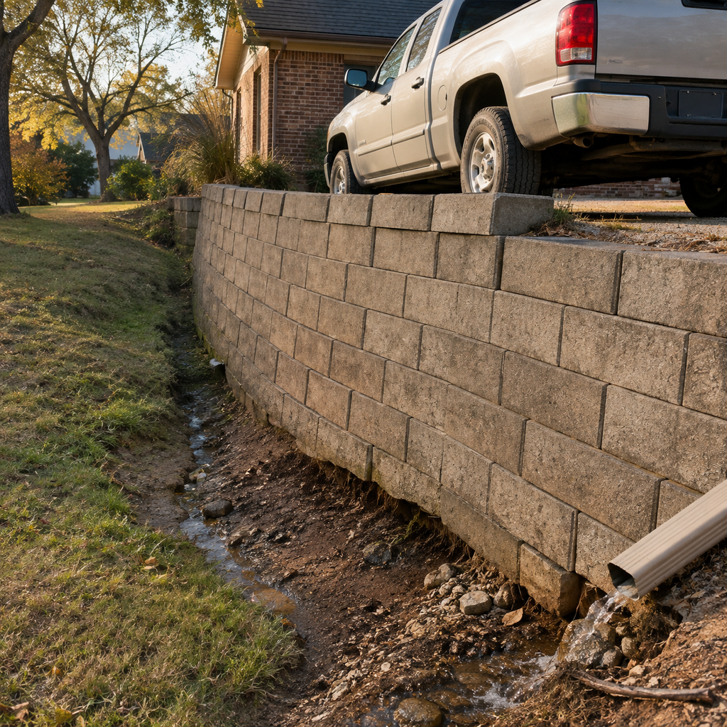 Pickup weight above a retaining wall with runoff eroding soil along the toe.