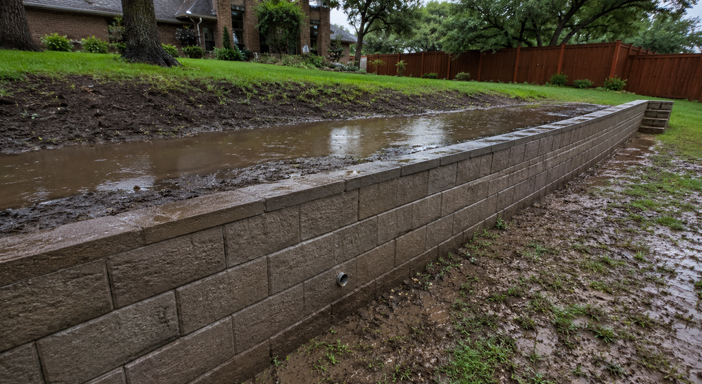 Rainwater pooling behind a retaining wall in a Fort Worth backyard.