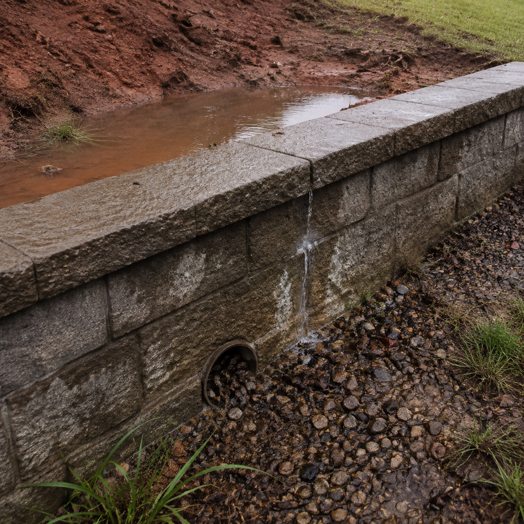Standing water and muddy seepage collect behind a Fort Worth retaining wall after heavy rain.
