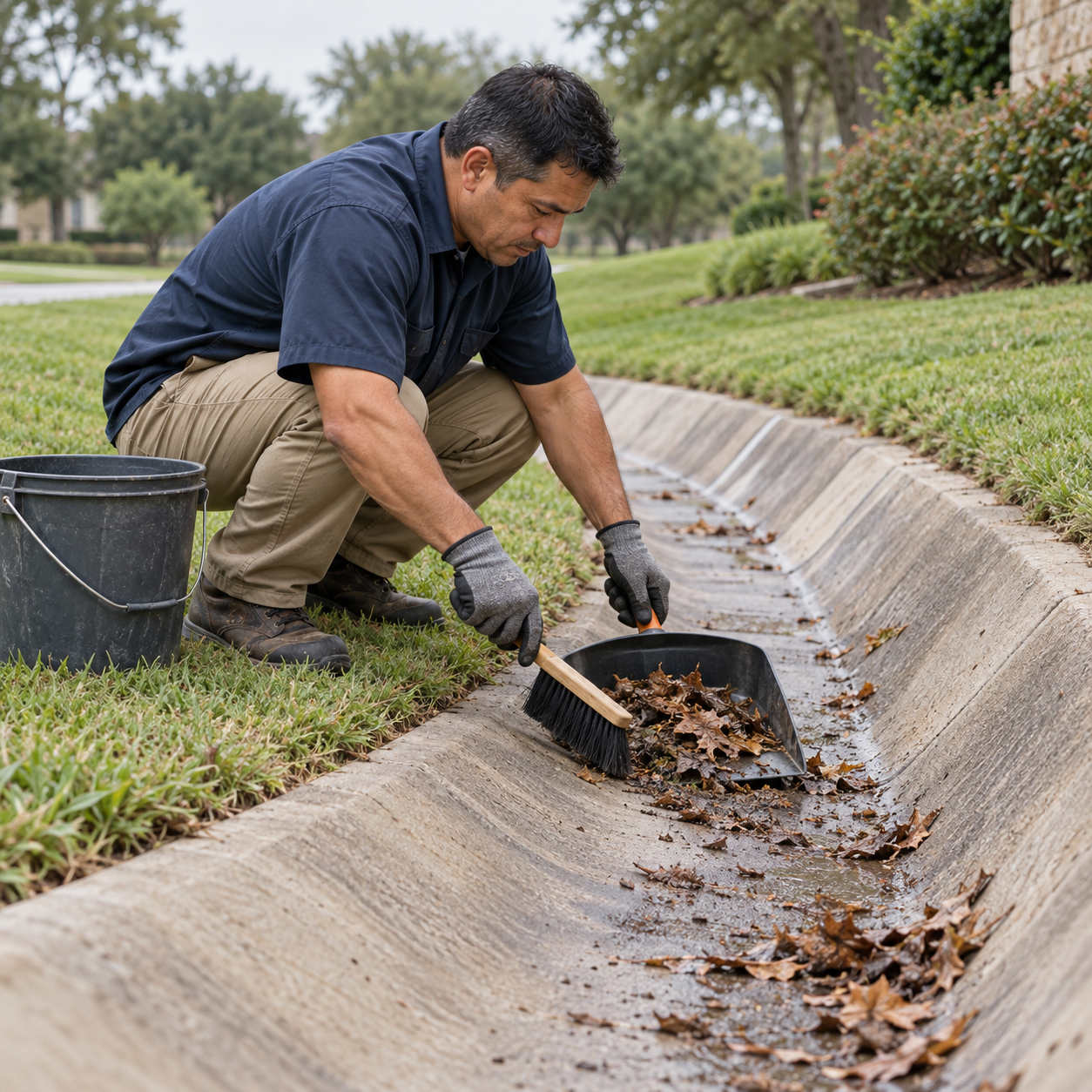 A gloved worker brushes leaves and sediment into a dustpan to clear a concrete swale.