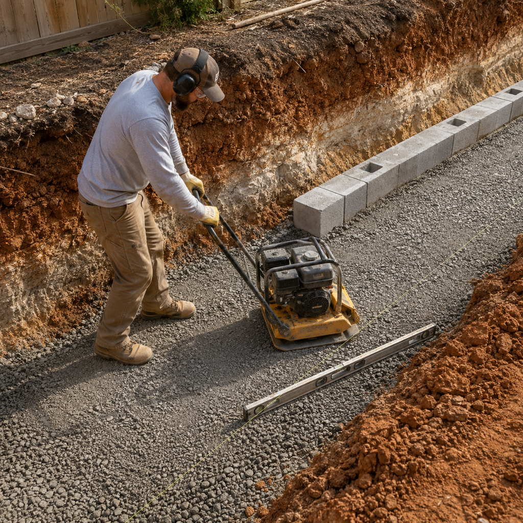 Worker compacting an aggregate base for a retaining wall footing in Fort Worth.