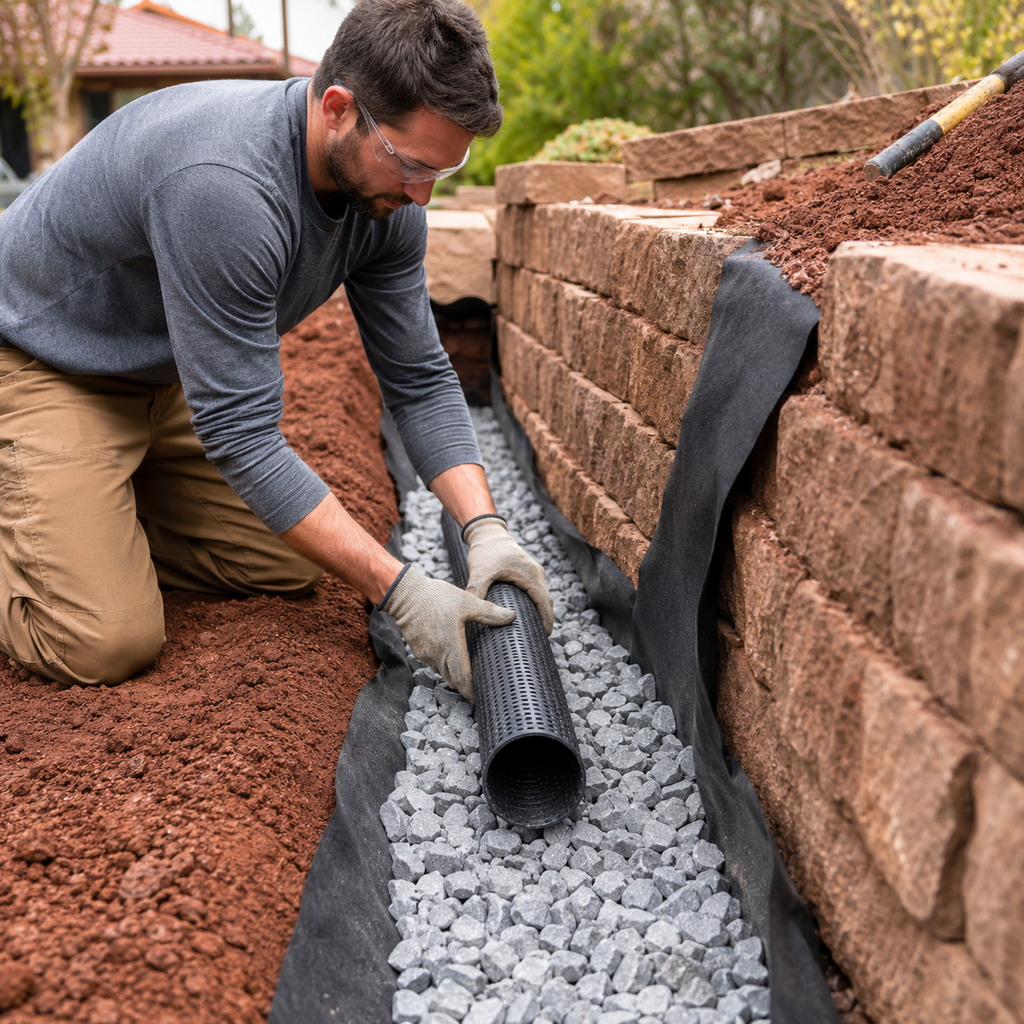 Worker installing a gravel-wrapped drainpipe behind a retaining wall in Fort Worth.