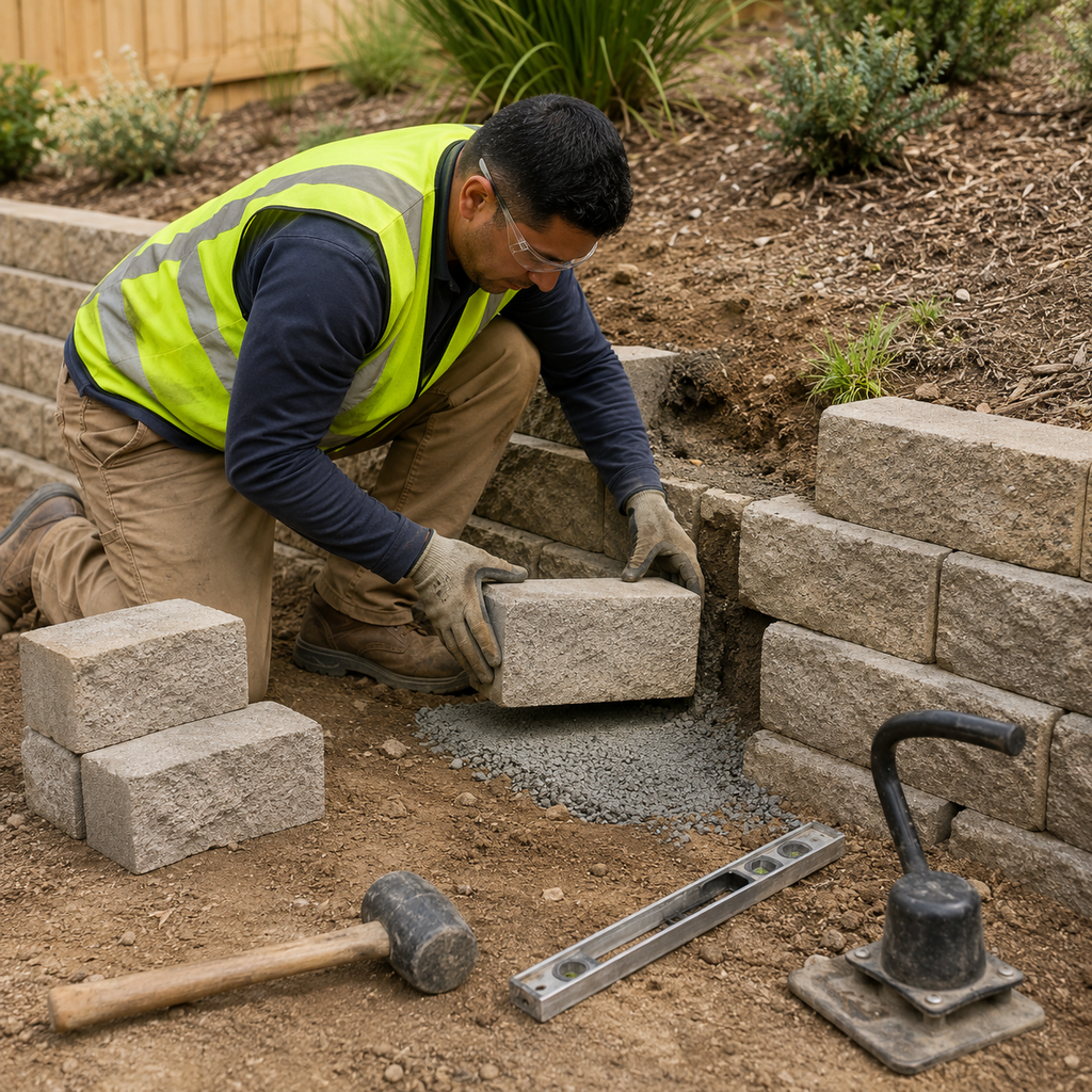 Worker rebuilds a localized retaining wall section on a corrected gravel base.