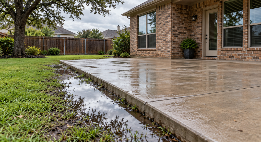 Rainwater pools in a low grassy strip beside a concrete patio at a Fort Worth brick home.