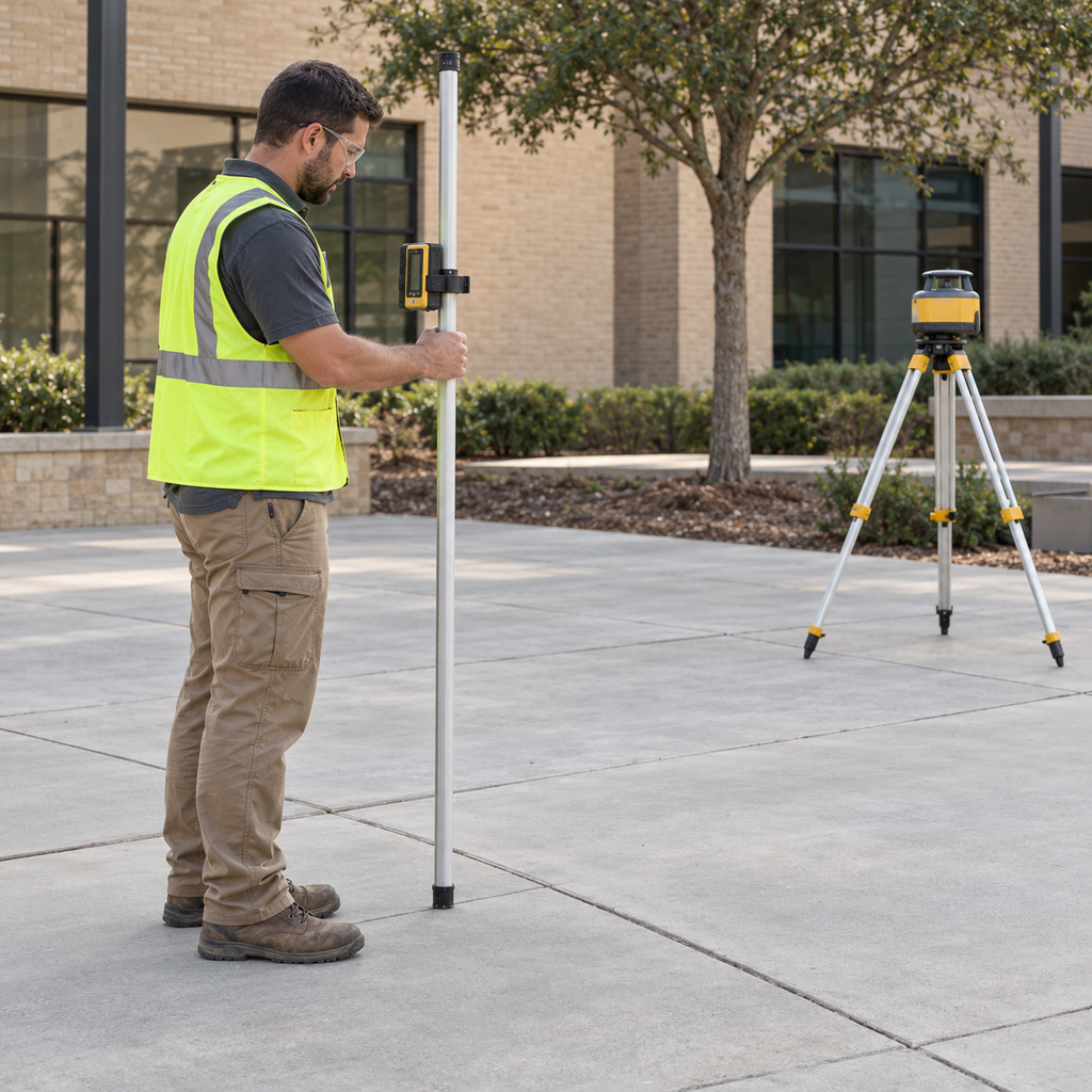 A technician checks concrete slab elevations using a receiver pole and a tripod-mounted rotary laser.