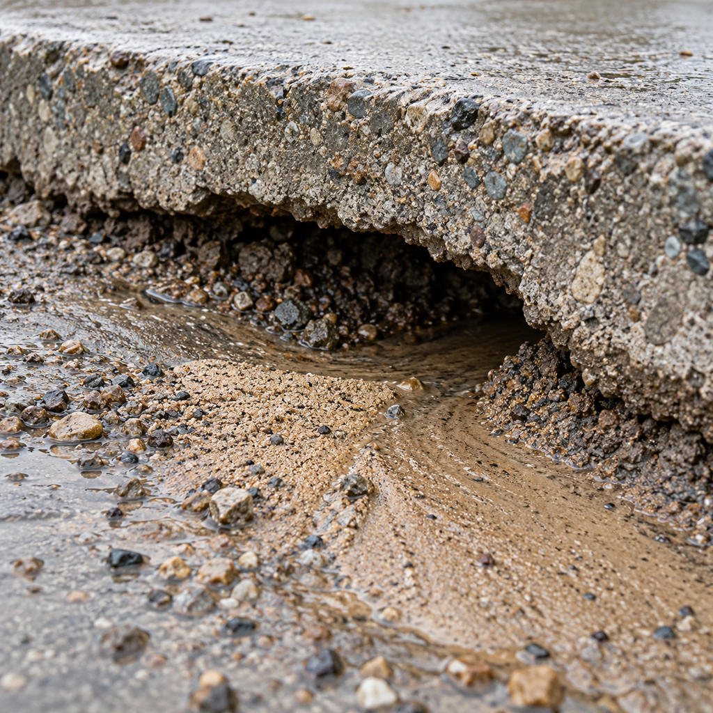 A shallow washout beneath a concrete slab edge leaves exposed gravel and a fan of wet sediment.