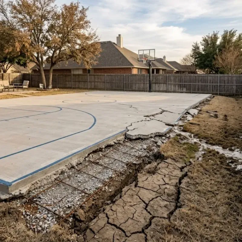 cracked concrete surface from expansive clay soil movement in Fort Worth Texas due to poor drainage and subgrade preparation