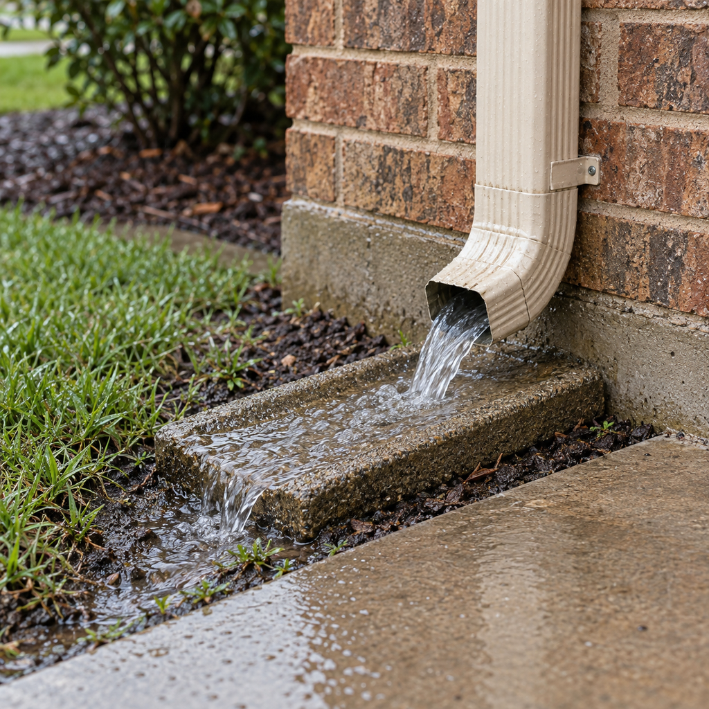 A downspout sends rainwater over a short splash block into a wet soil strip beside a concrete slab.