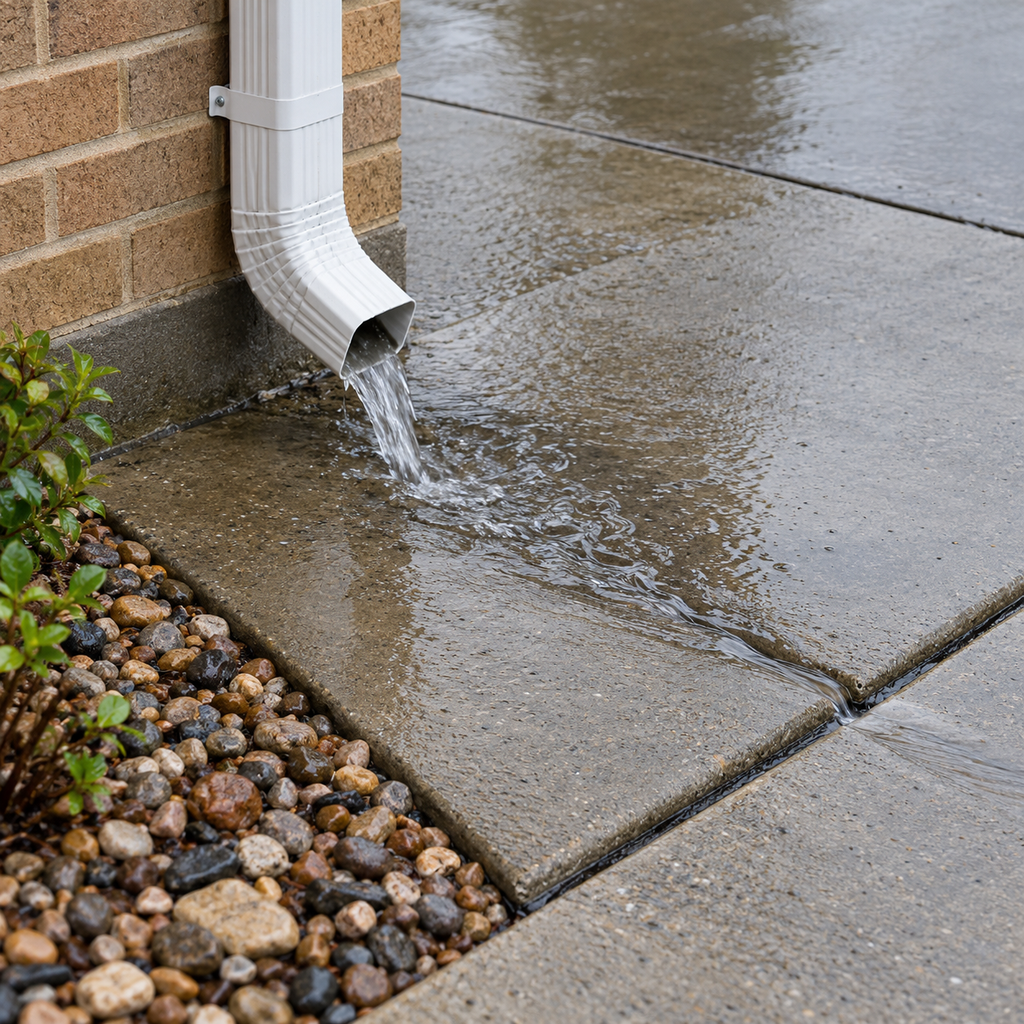 A downspout releases rainwater across concrete toward an open pavement joint.