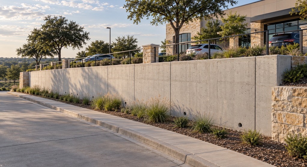 Concrete retaining wall protects a Fort Worth business, parking area, sidewalk, and access drive.