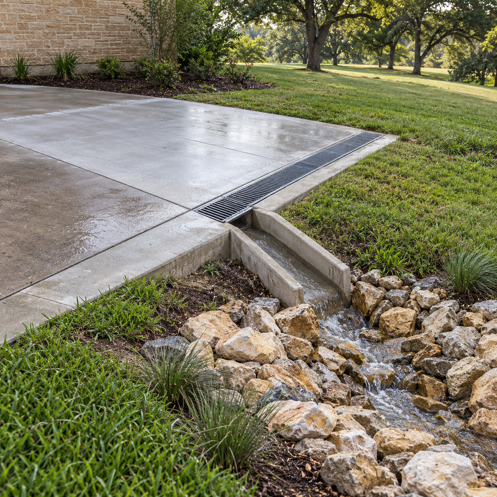 A grated drain beside repaired concrete discharges through a concrete channel into a stone-lined swale.