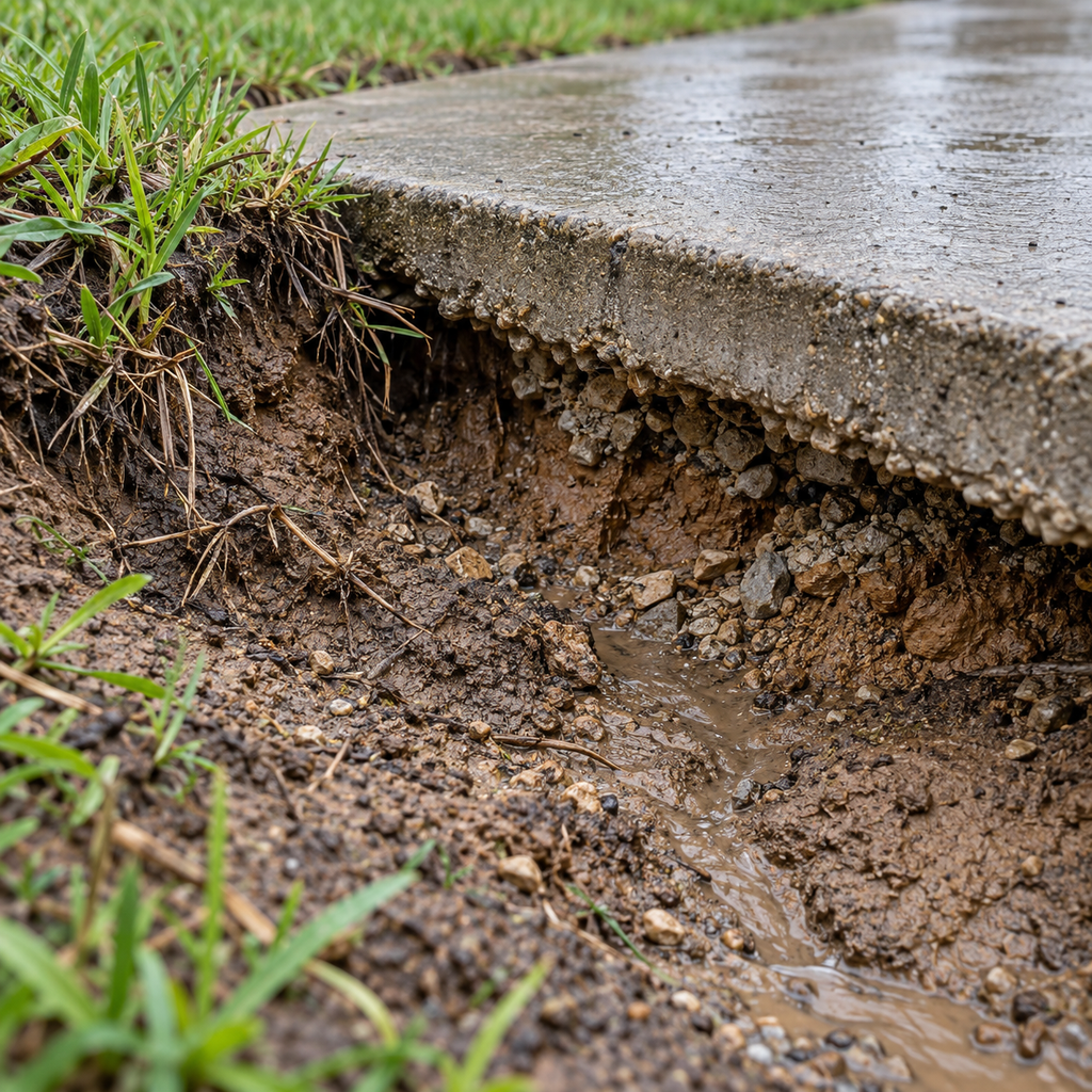 Wet soil and exposed aggregate beneath a concrete edge show localized washout beside the lawn.