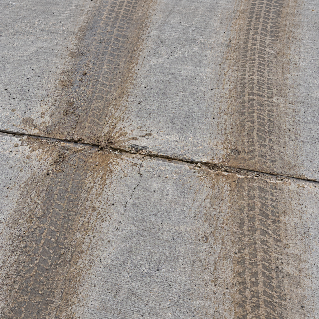 Muddy tire tracks cross a worn concrete joint with sediment streaks, chipped edges, and a narrow crack.