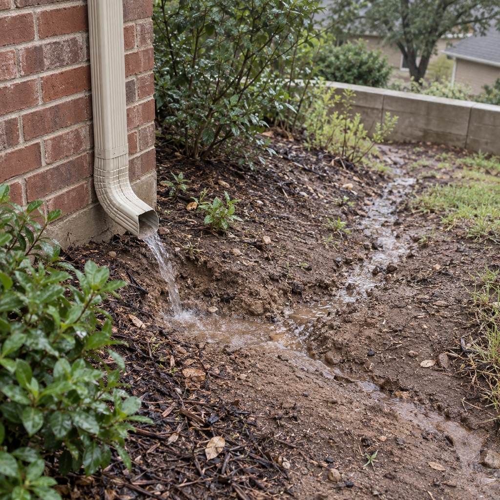A downspout discharges onto bare soil, creating a muddy erosion channel beside a brick house.