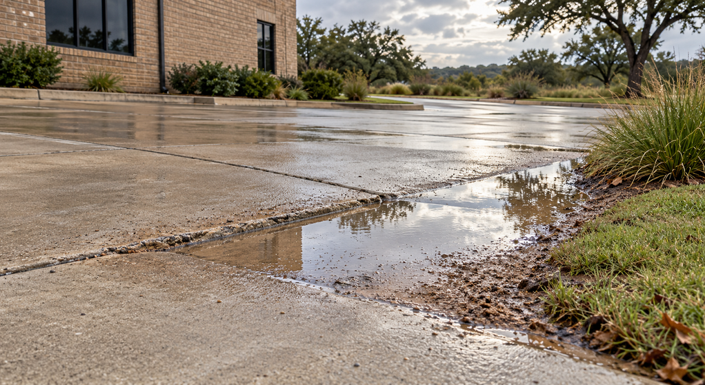Rainwater and sediment collect beside an uneven concrete joint near a commercial building.